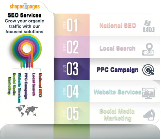 infographic showing Shapes and Pages SEO seo services to grow organic traffic - PPC Campaign Management