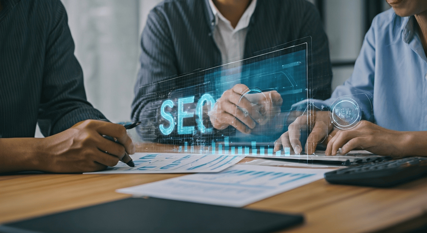 Professionals analyzing SEO data charts