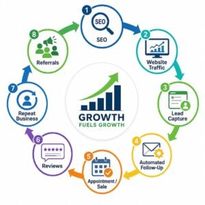 business strategy of: SEO → Website Traffic → Lead Capture → Automated Follow-Up → Appointment / Sale → Reviews → Repeat Business → Referrals